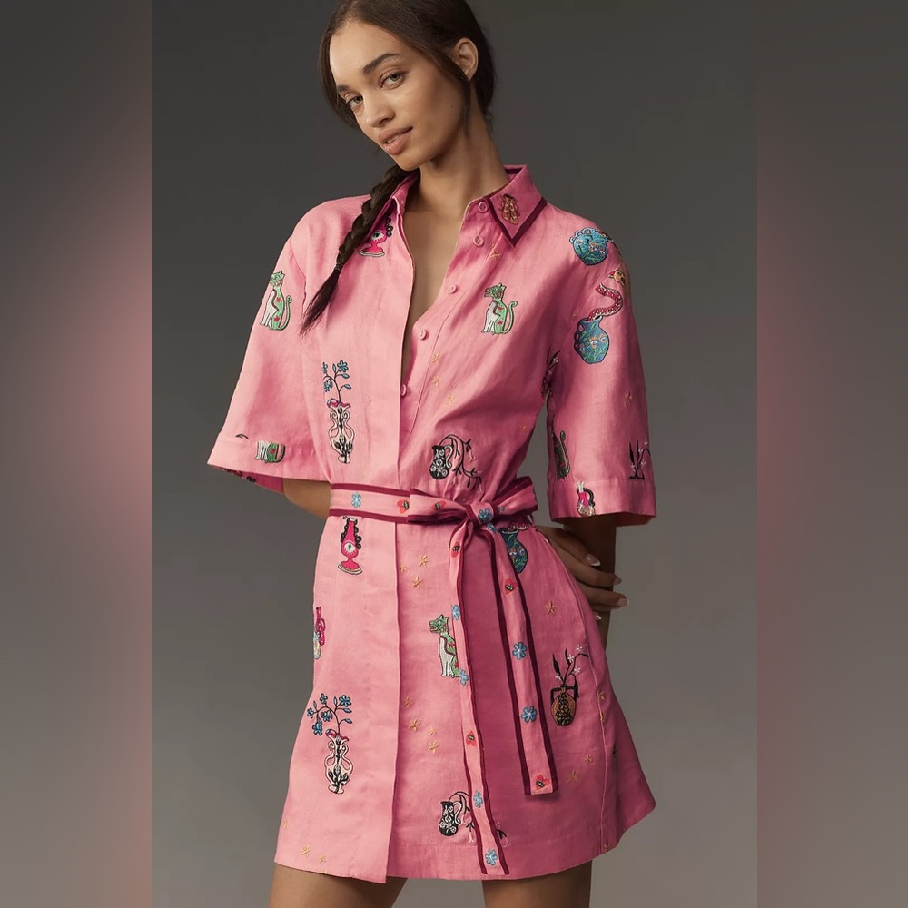 Alemais Timmy Pink Embroidered Mini Shirt Dress